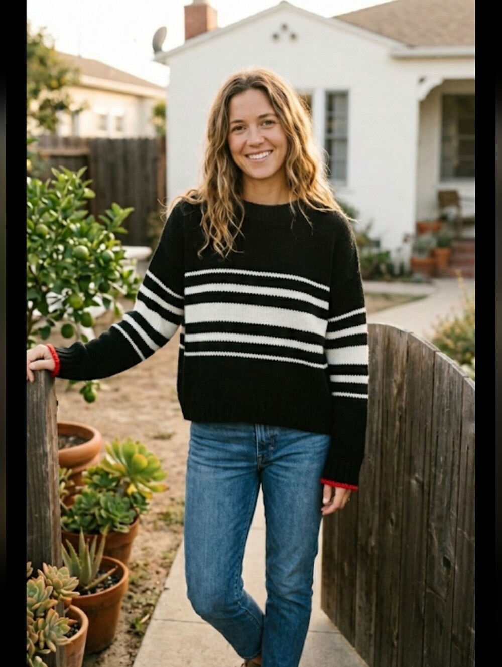 Sundry Anthropologie Striped Slouchy Knit Sweater in Black/White